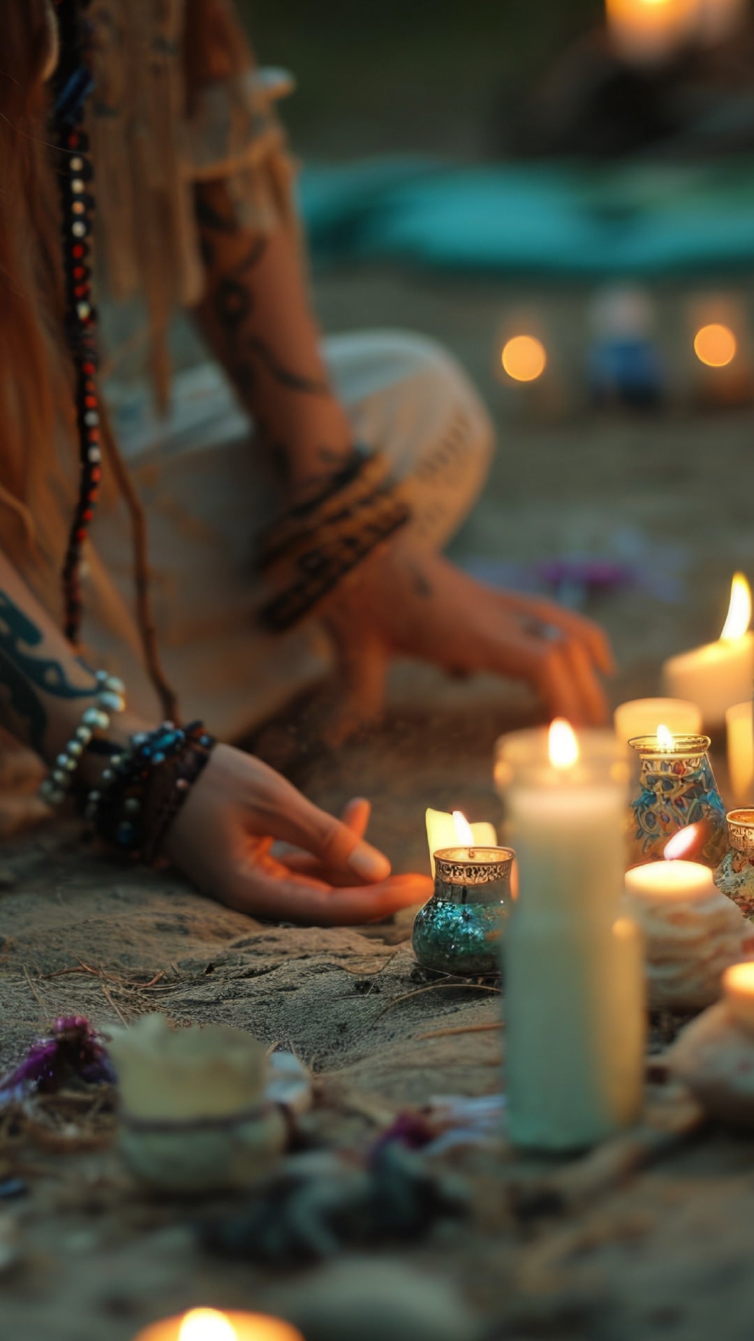 Person sitting on sand with candles and flowers, blurred lights in the background