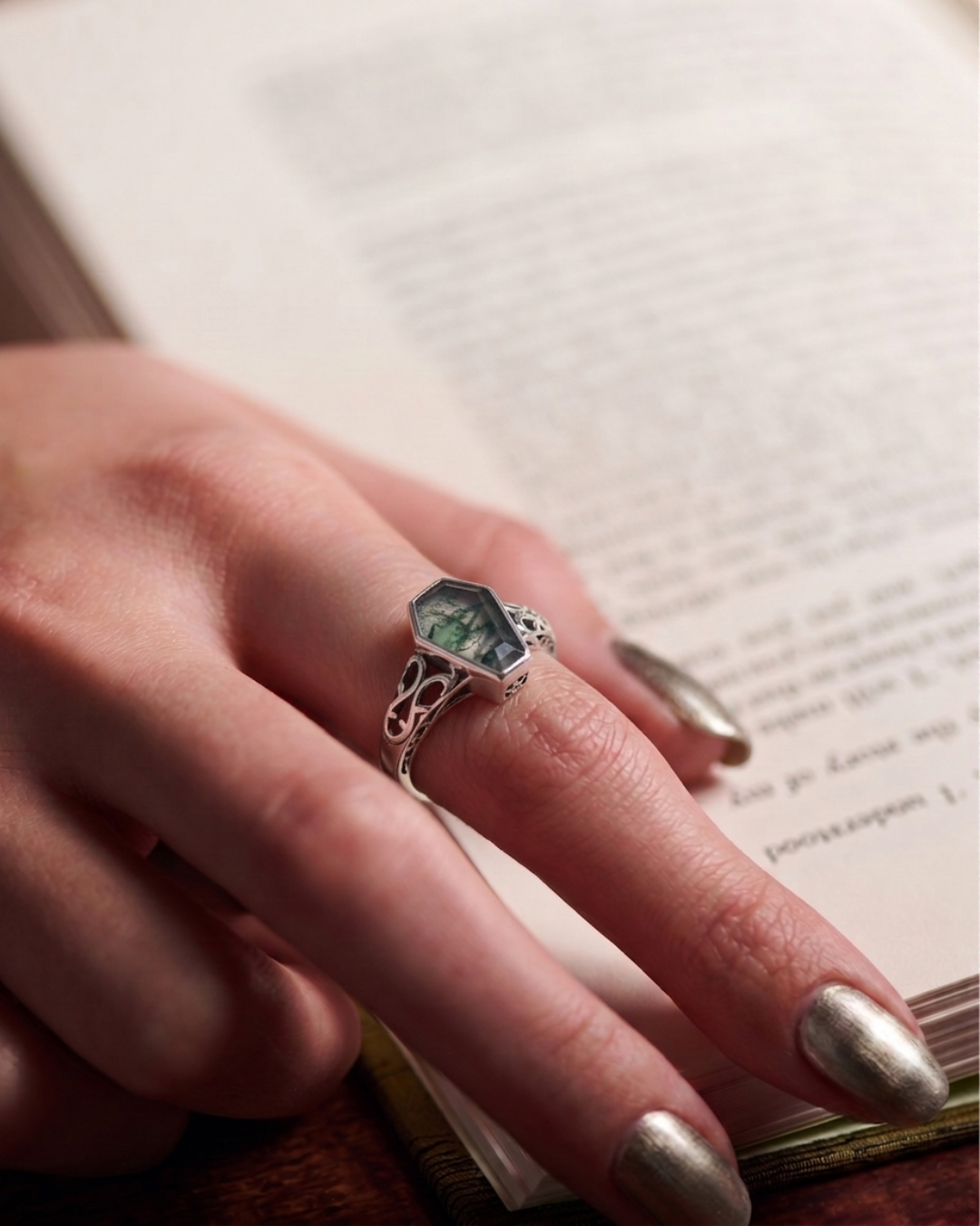 Moss Agate Coffin Ring with book