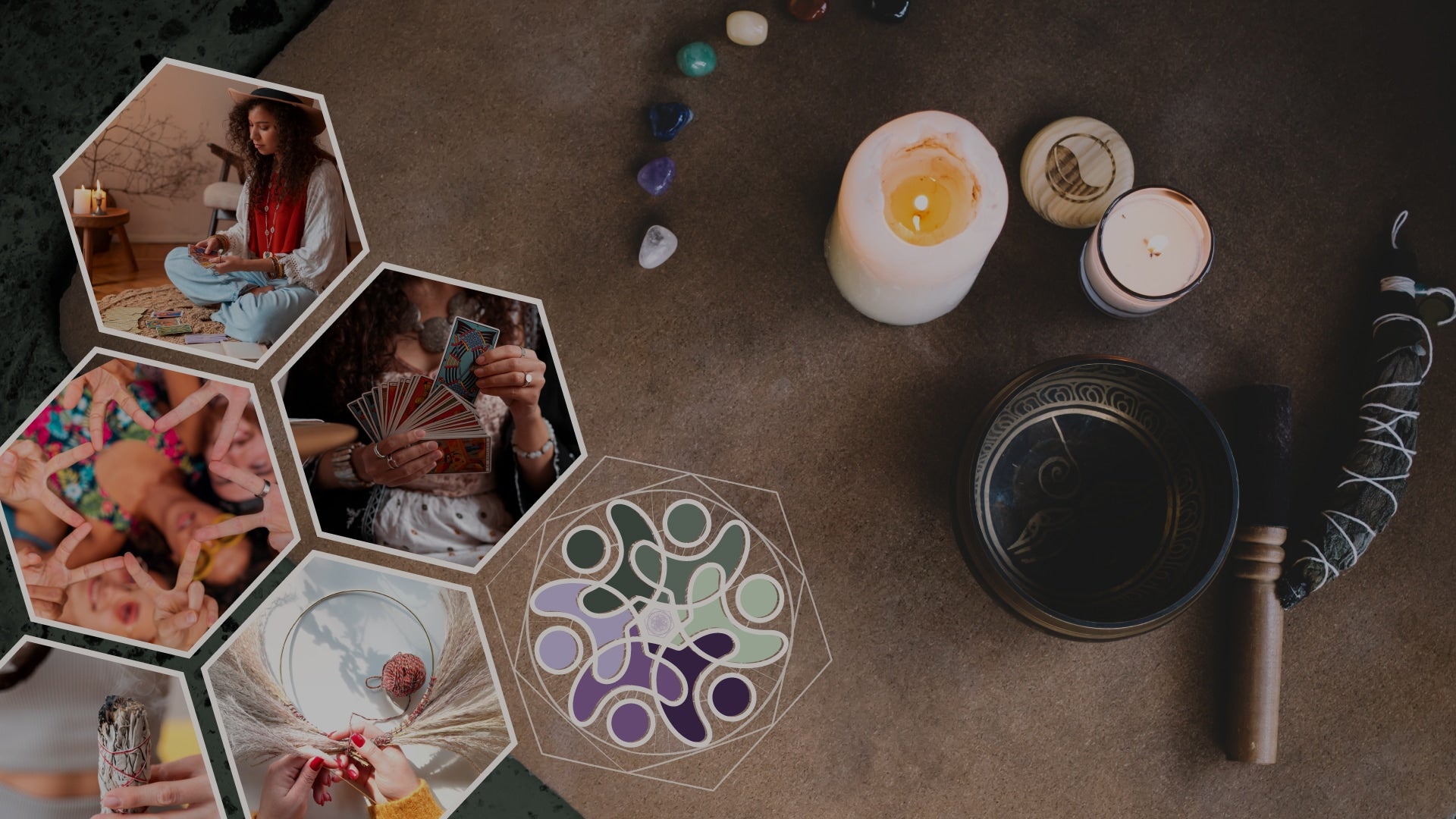 Collage of people in various poses with a central mandala design, surrounded by candles and crystals on a dark surface.