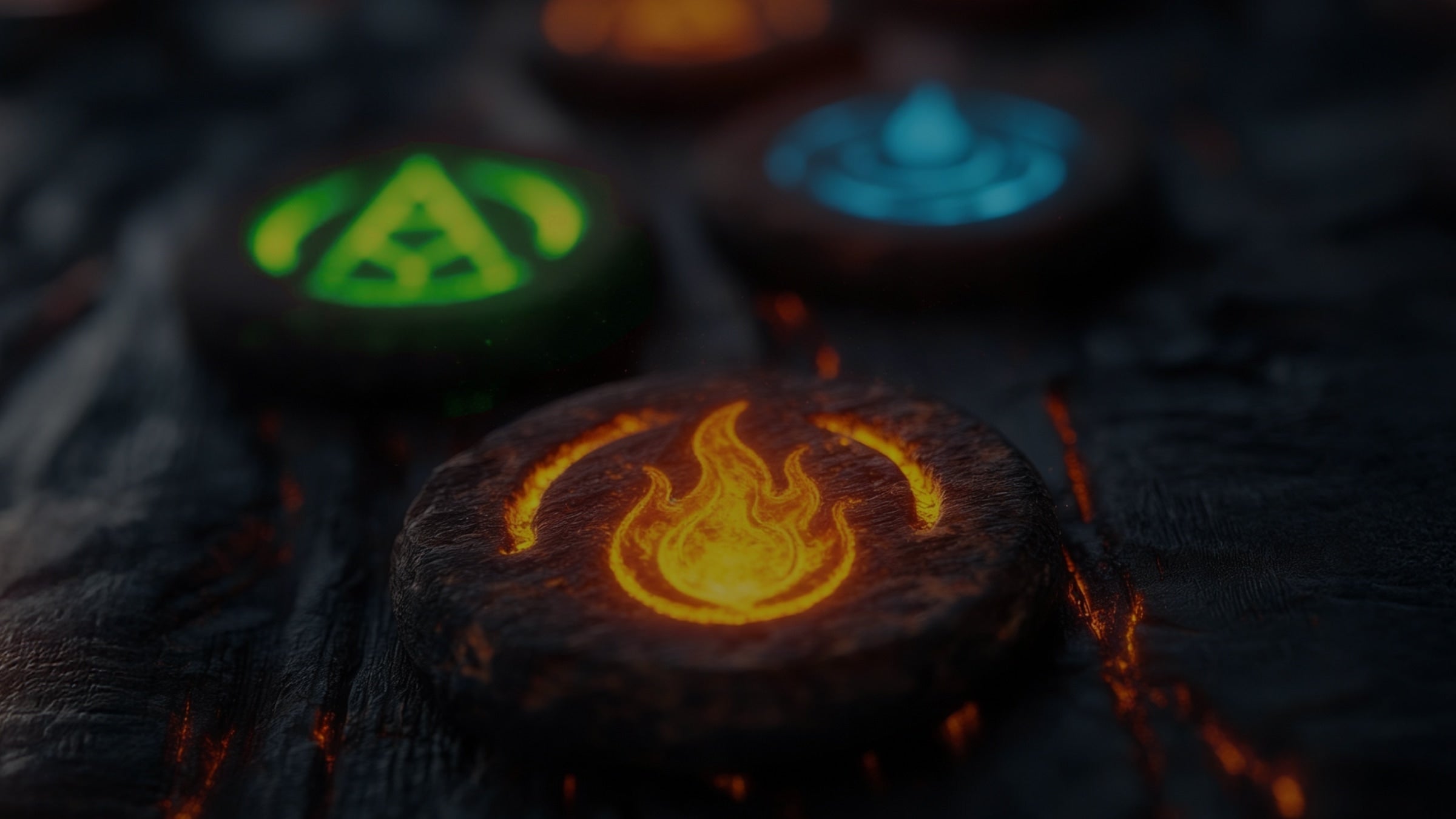 Close-up of glowing symbols on a dark surface