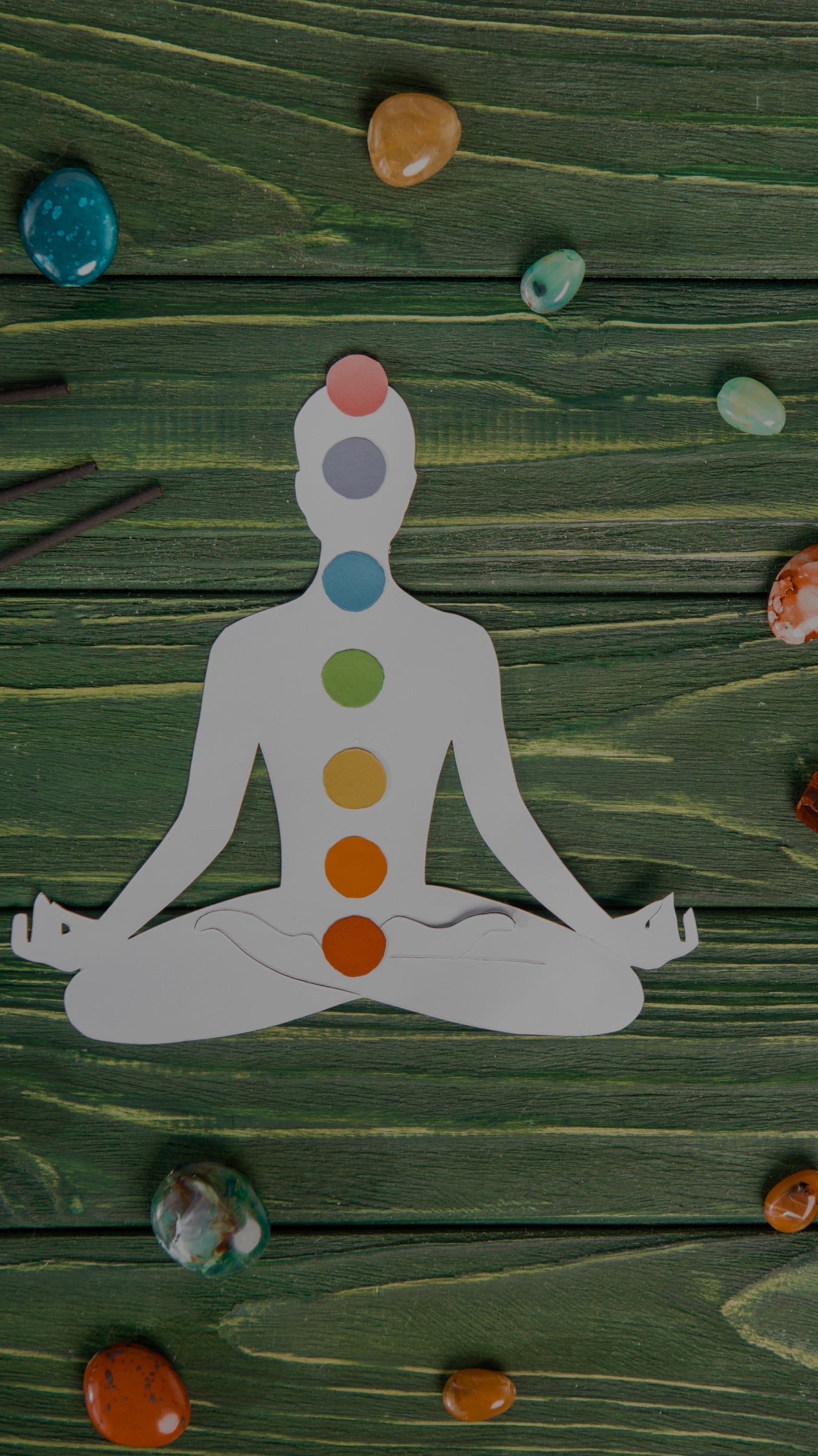 Silhouette of a person with chakra colors on a green textured background