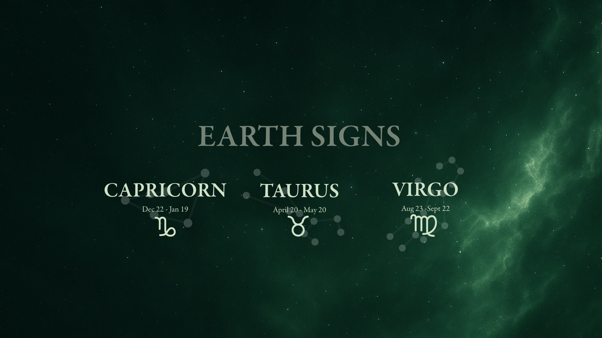 Earth signs (Capricorn, Taurus, Virgo) with zodiac symbols on a dark green background.