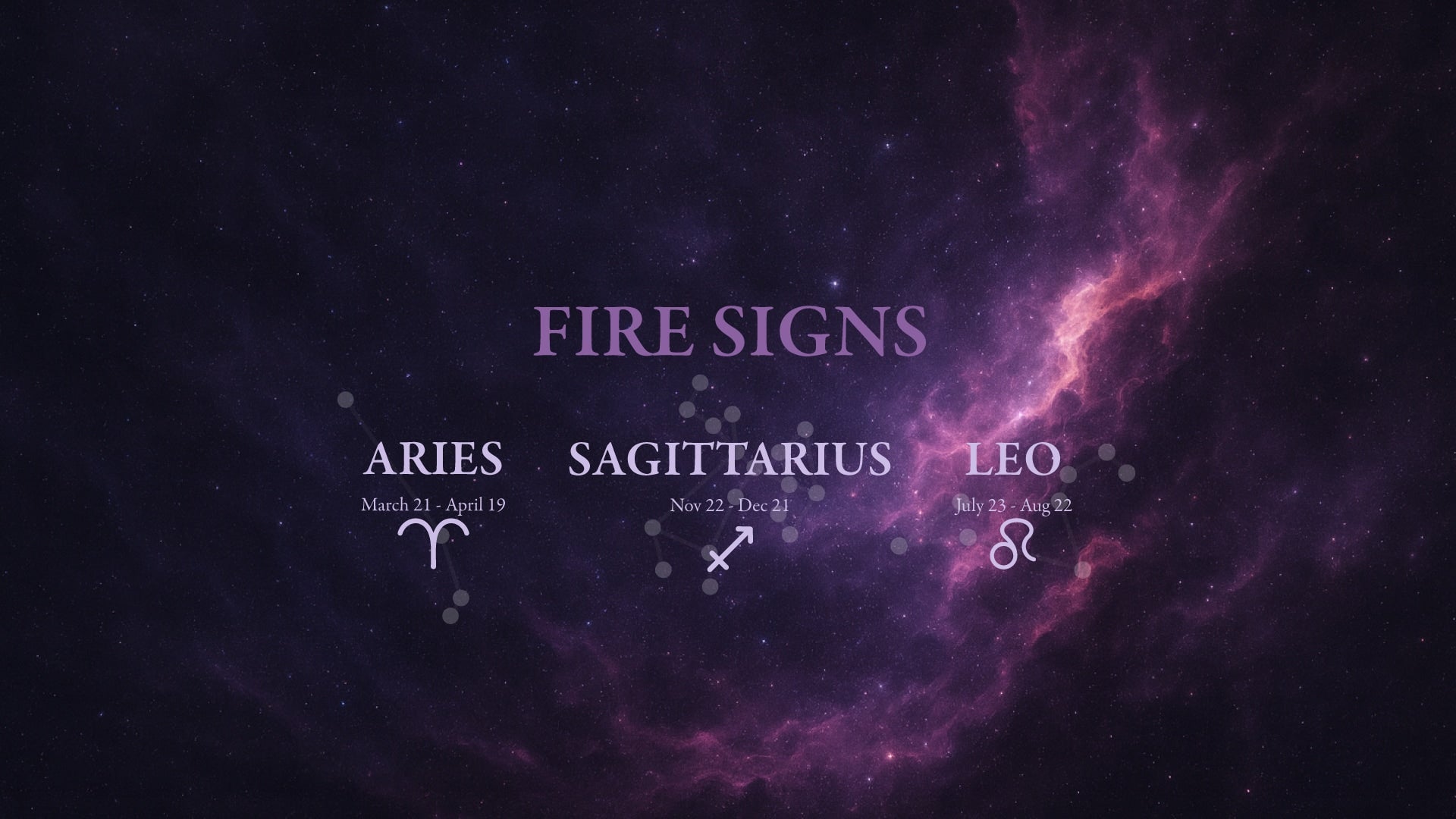 Purple nebula with zodiac signs Aries, Sagittarius, and Leo on a dark background