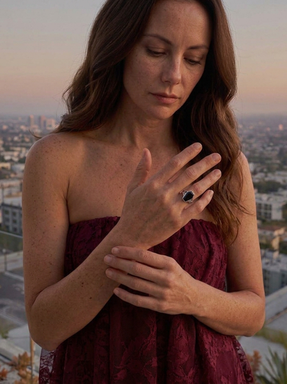 Garnet Coffin Ring - on model