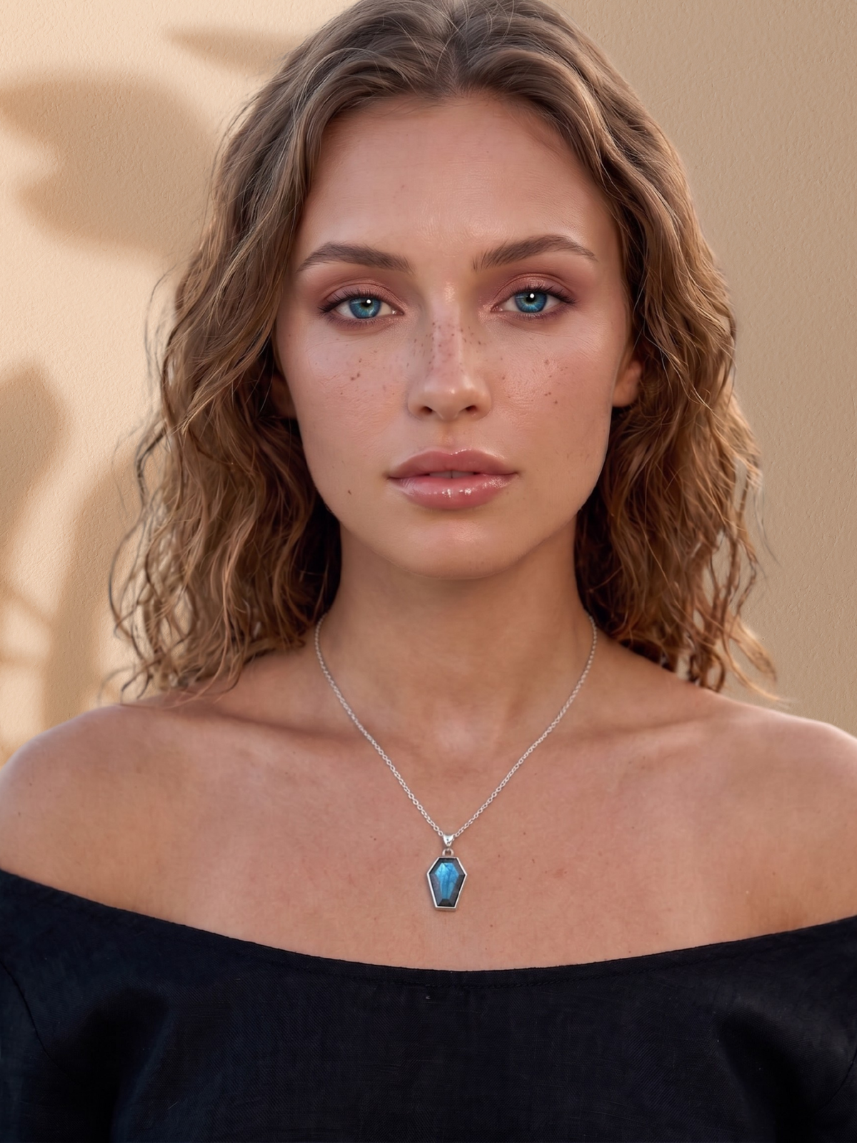 Labradorite Coffin Necklace - on model