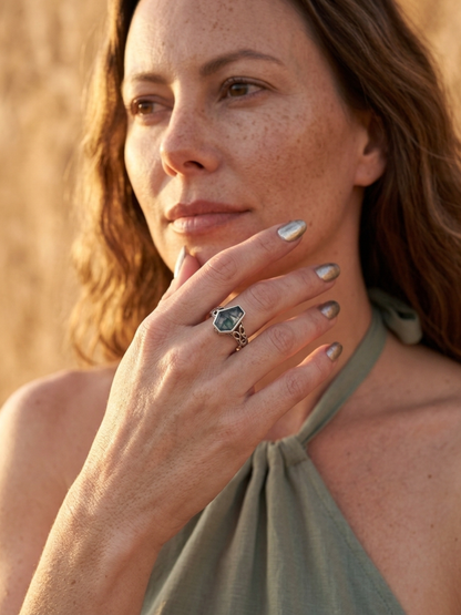 Moss Agate Coffin Ring - on model