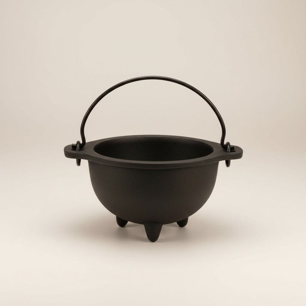 Small black cast iron cauldron with handle, 2.5 in inside diameter