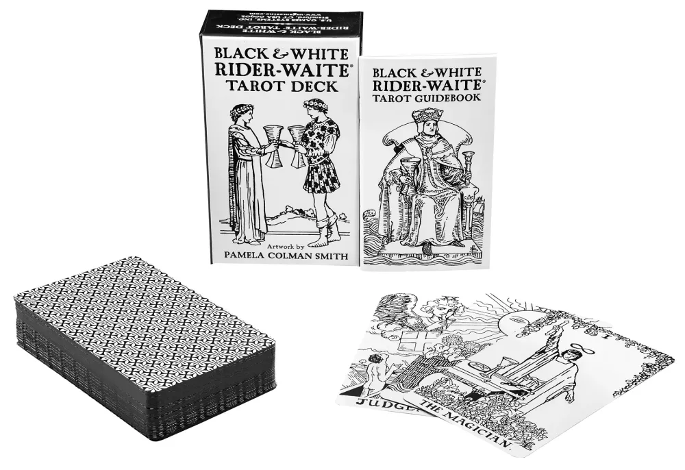 Black and White Rider-Waite Tarot Deck packaging with tarot card illustration on a white background