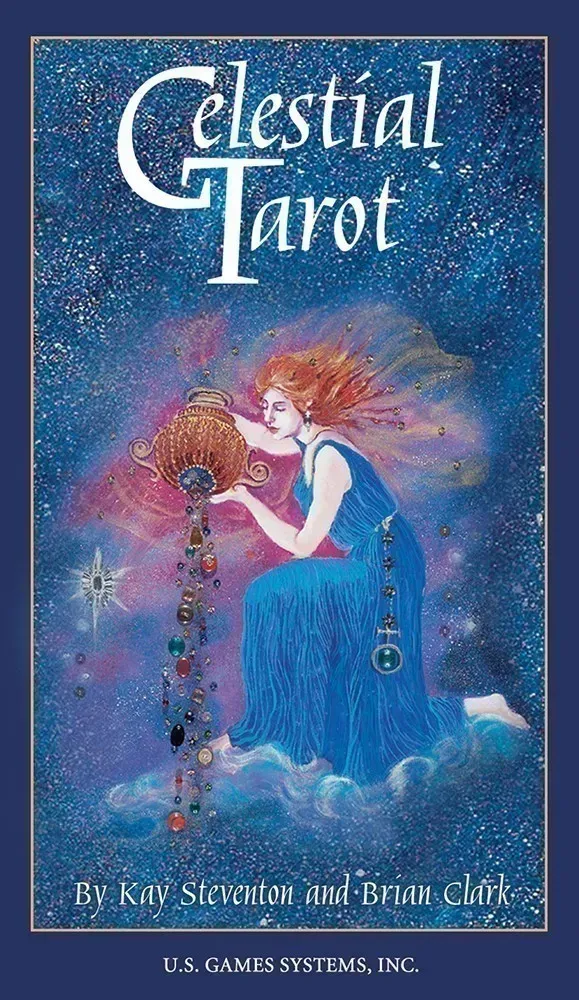 over of “Celestial Tarot” showing a star-filled night sky with a luminous, winged woman in a flowing blue dress kneeling on clouds, pouring jeweled symbols from a celestial vessel, evoking astrology and cosmic mystery.