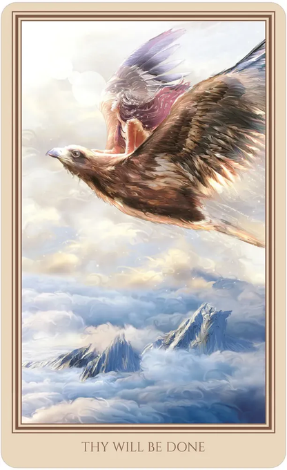 Eagle flying over mountainous landscape with 'Thy Will Be Done' text