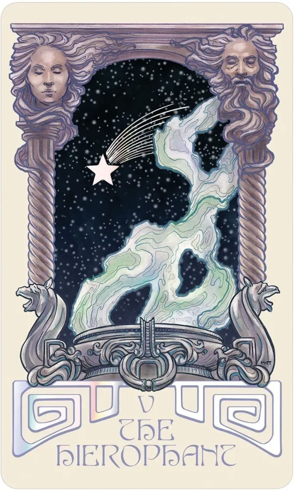 Card featuring a stylized illustration of a bearded figure with a star and celestial design, framed by decorative elements.