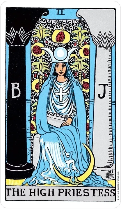 The High Priestess card from the Rider-Waite Tarot Deck, depicting a seated figure between two pillars holding a scroll.
