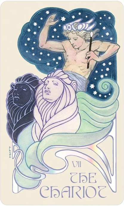 Tarot card featuring a celestial figure with stars and astrological symbols, labeled 'The Chariot'.