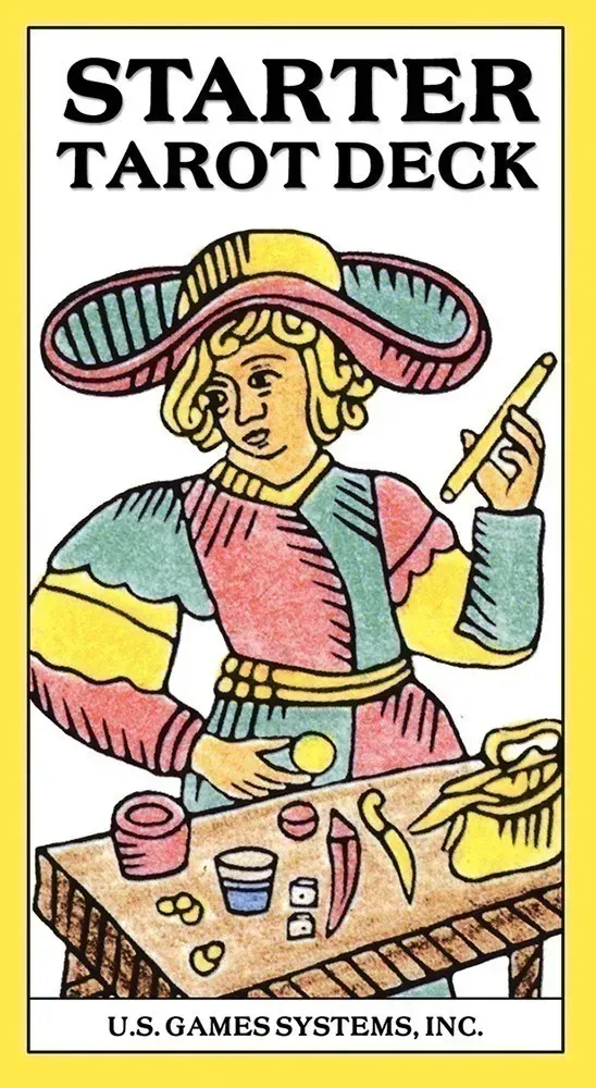 Card from a Starter Tarot Deck with a colorful illustration of a figure holding a rod, on a yellow border.