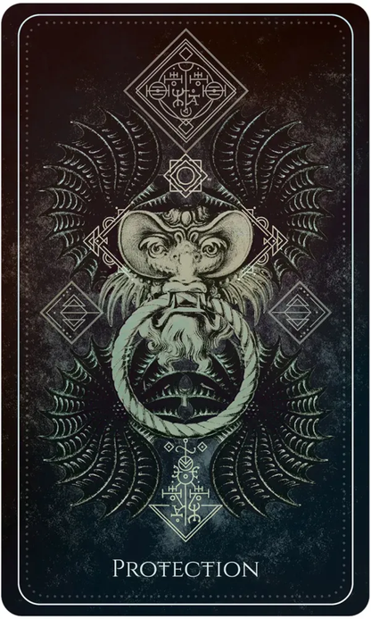 Card with a dragon design and 'Protection' text on a dark background