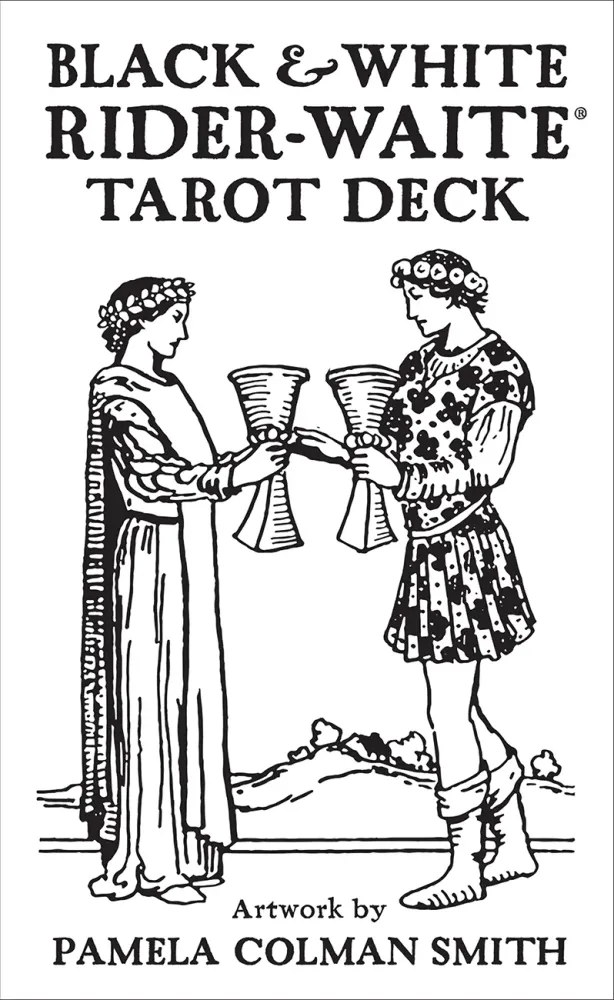 The image features the cover of the Black & White Rider-Waite Tarot Deck. It shows a linen-finished card with elegant, black foil gilded edges.