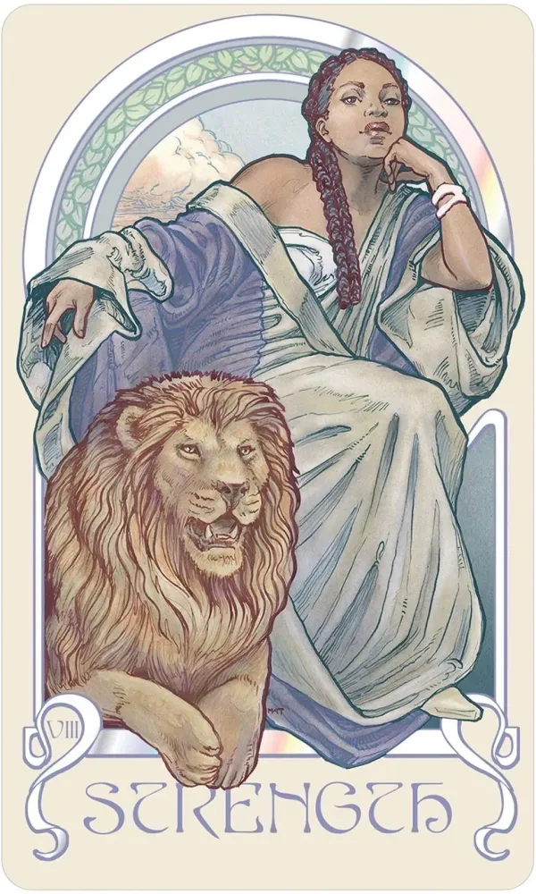 Card titled 'Strength' featuring a woman with a lion at her feet, in an art nouveau style.