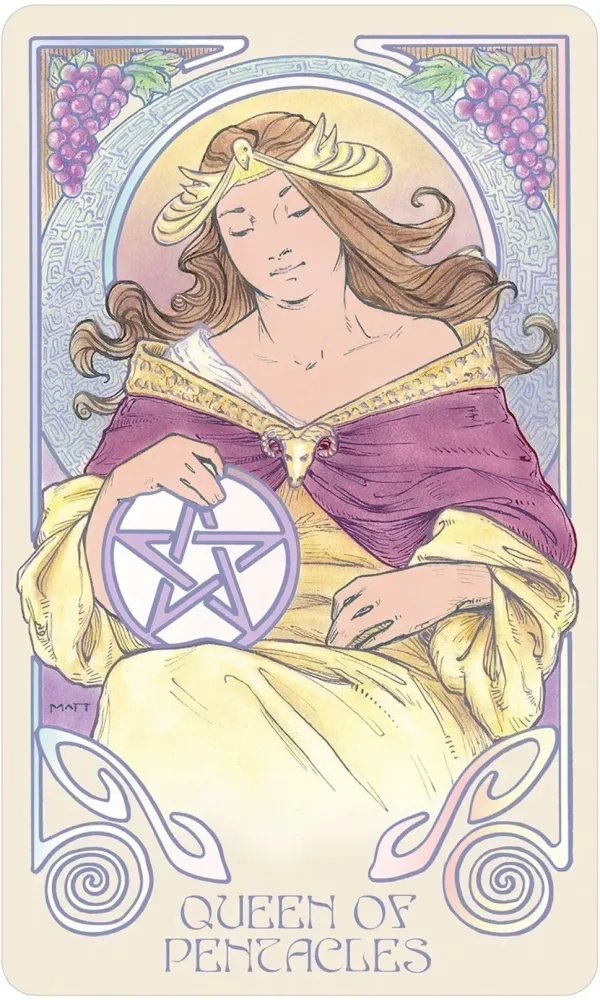Art Nouveau-style card featuring a woman holding a pentacle symbol, labeled 'Queen of Pentacles'.