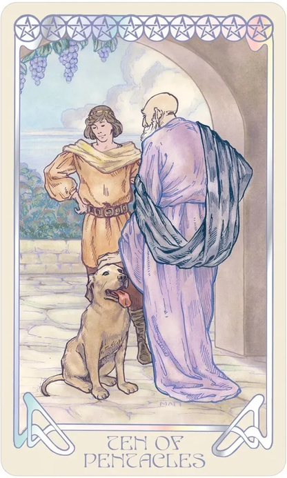 Tarot card featuring two people and a dog with a decorative border and text at the bottom.