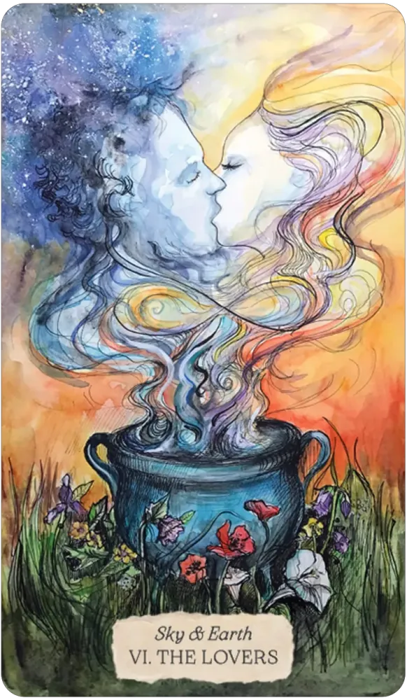 Artistic depiction of two faces merging with smoke above a pot, surrounded by flowers and nature.