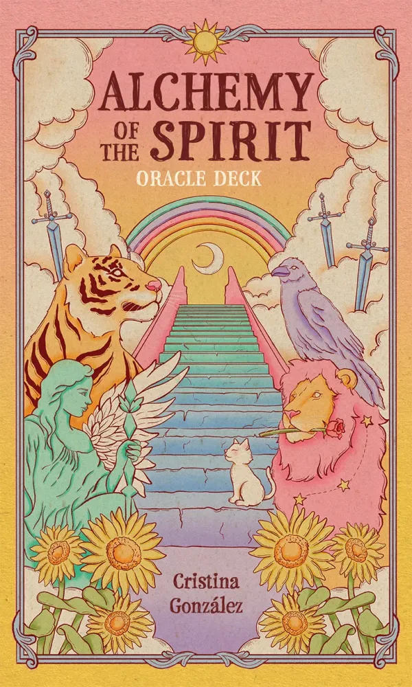 Book cover of 'Alchemy of the Spirit Oracle Deck' with colorful illustrations and text.