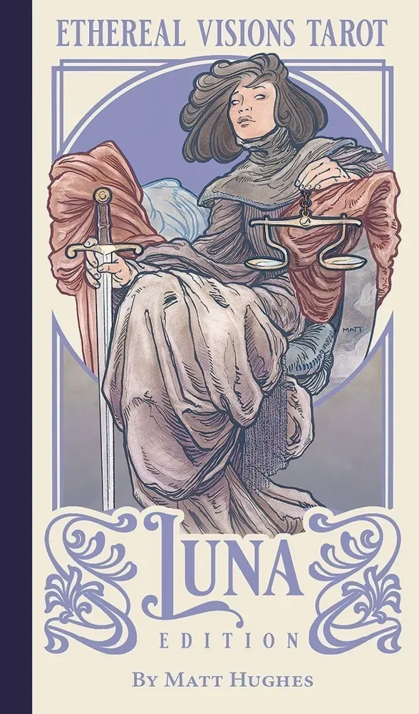 Tarot card featuring a woman with a sword and scales, titled 'Ethereal Visions Tarot Luna Edition' by Matt Hughes.