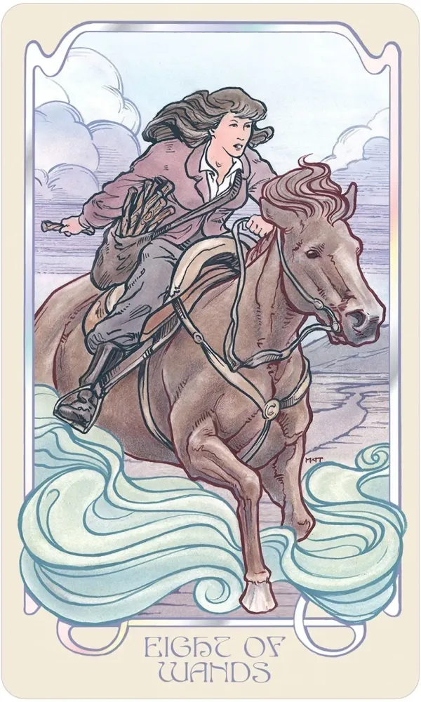 Card from a tarot deck showing a person riding a horse with stylized waves below, against a light background.