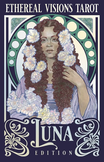The image displays the cover of the Ethereal Visions Tarot: Luna Edition. It features a stylized drawing of a person with a floral motif, predominantly in shades of purple and blue, with intricate details and iridescent silver foil stamping.
