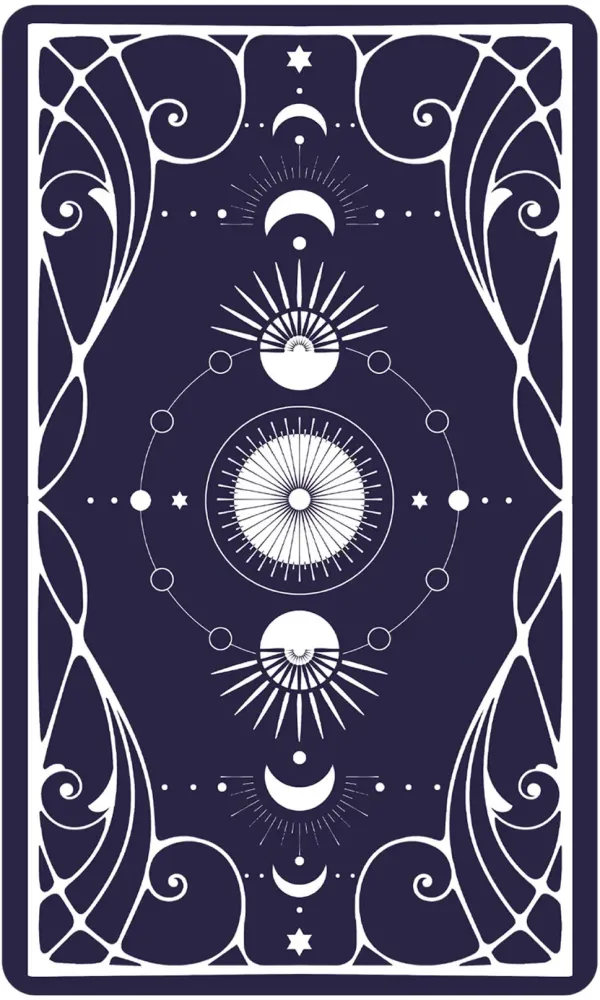 Decorative card with celestial design on a dark blue background