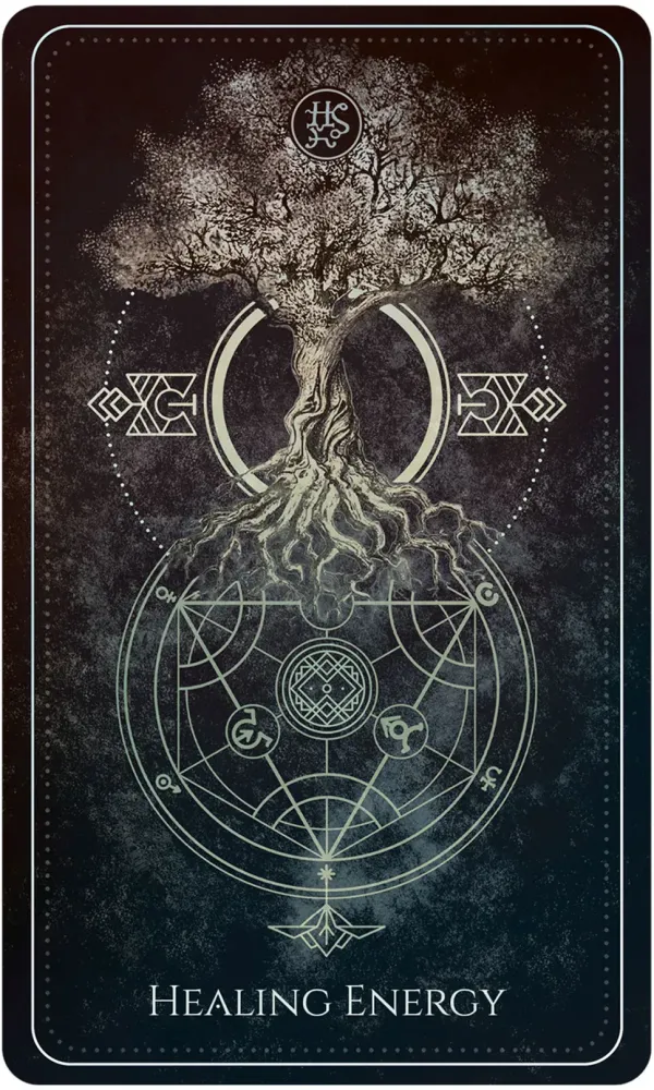Card with a tree of life design and 'Healing Energy' text on a dark background