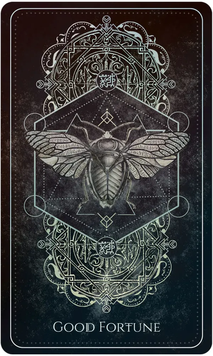 Decorative card with a beetle illustration and 'Good Fortune' text on a dark background