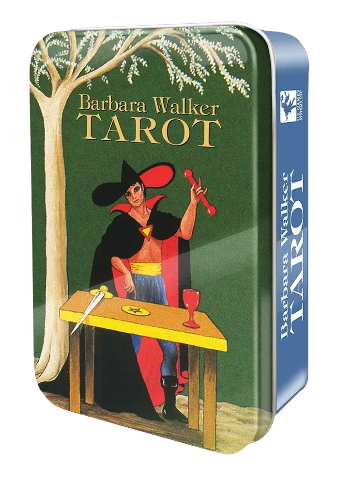 Barbara Walker Tarot in a metal tin featuring classic tarot artwork of a figure in Renaissance-style clothing standing at a table with symbolic objects, set against a green background with a tree, with the deck title in gold lettering.