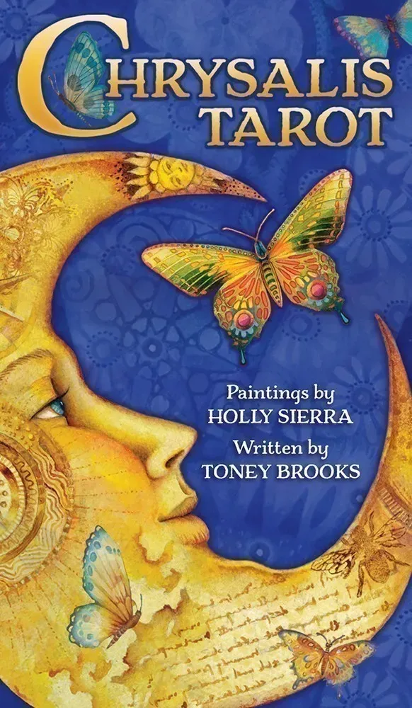 The image features the cover of the Chrysalis Tarot deck, which is illustrated by Holly Sierra with a painted tarot scene under the moonlit sky, surrounded by butterflies. The title and creator's name, Toney Brooks, are visible at the bottom.