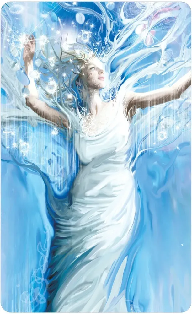 Woman in a white dress surrounded by blue water-like effects