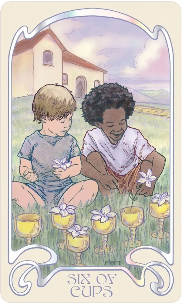 Card from a tarot deck showing two children with cups and flowers, labeled 'Six of Cups'.