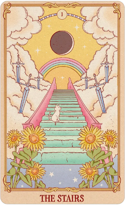 Card titled 'The Stairs' with a staircase, rainbow, and cat illustration.