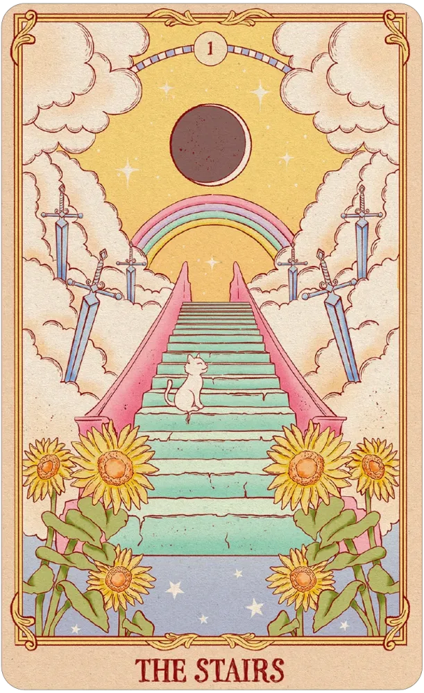 Card titled 'The Stairs' with a staircase, rainbow, and cat illustration.