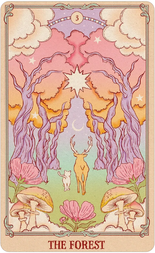 Tarot card titled 'The Forest' with a deer, cat, and mushroom illustration.