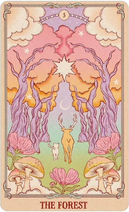 Tarot card titled 'The Forest' with a deer, cat, and mushroom illustration.