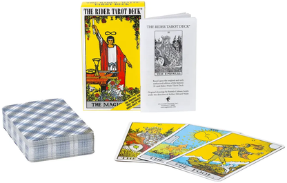 Rider Tarot Deck with cards, box, and book on a white background