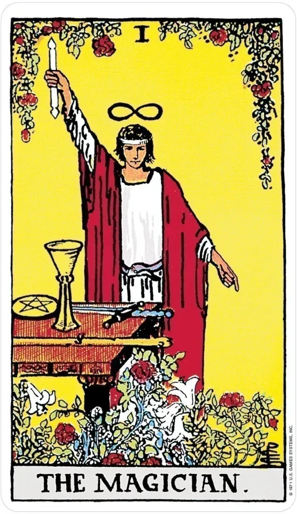 The Magician card from the Rider-Waite Tarot Deck, showing a figure holding a wand above a table of symbolic tools.
