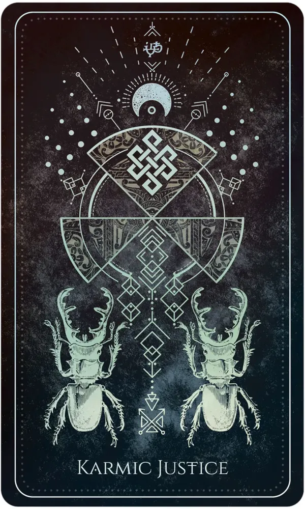 Card with beetle illustration and geometric design labeled 'Karmic Justice' on a dark background