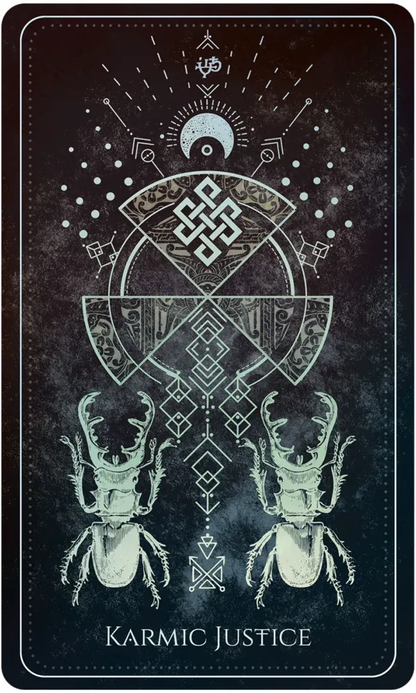 Card with beetle illustration and geometric design labeled 'Karmic Justice' on a dark background