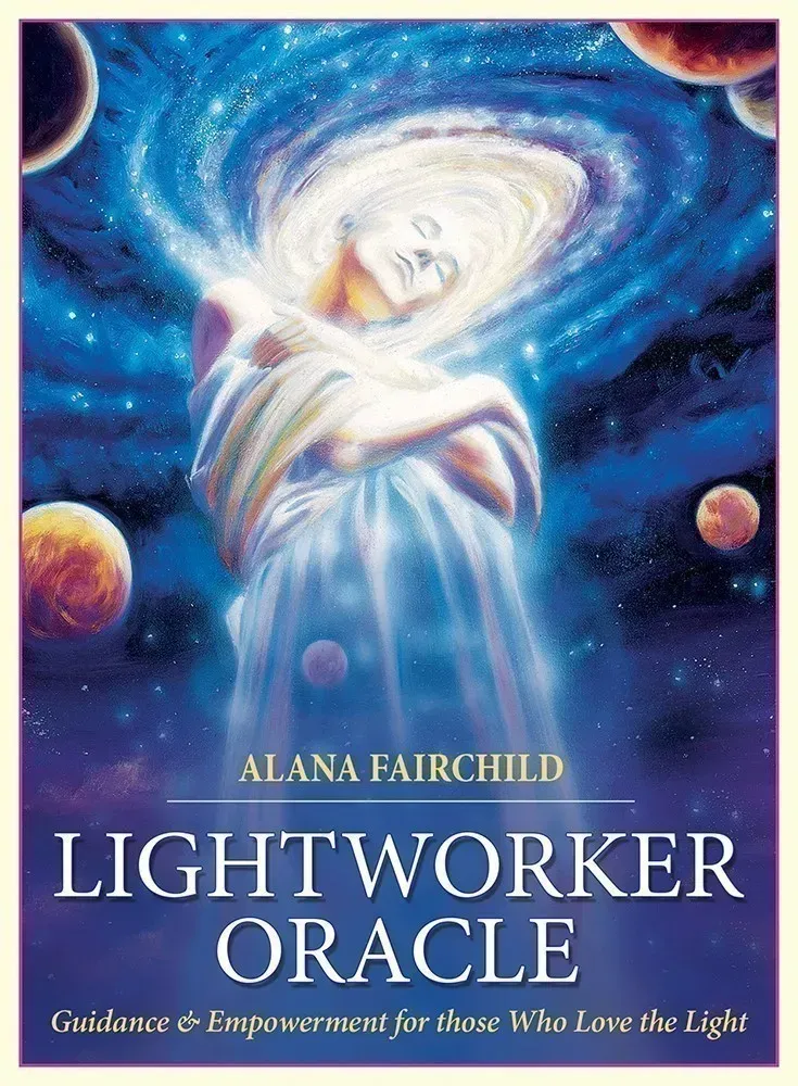 Cover of the book 'Lightworker Oracle' featuring a mystical image with a figure, planets, and cosmic background.