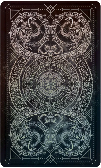 Decorative card with intricate designs and symbols on a dark background