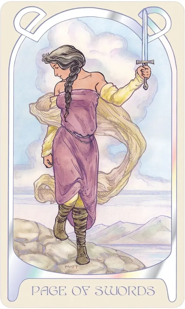 Tarot card featuring a woman in a purple dress holding a sword with mountains in the background