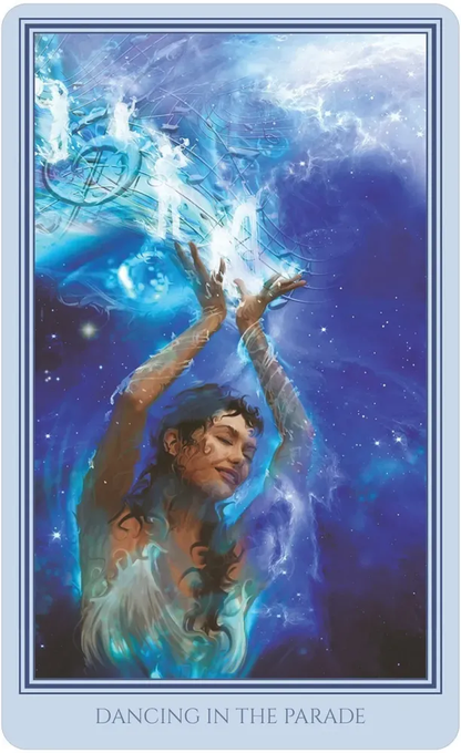 Card with a person reaching towards musical notes against a starry sky