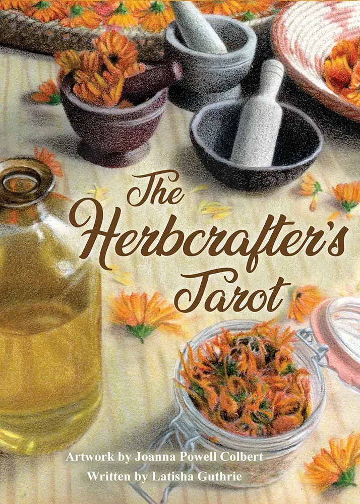 Cover of “The Herbcrafter’s Tarot” featuring a still-life scene with dried calendula flowers, glass jars of herbs, a bottle of herbal oil, and stone mortars and pestles arranged on a light cloth, evoking traditional herbal medicine and plant magic.