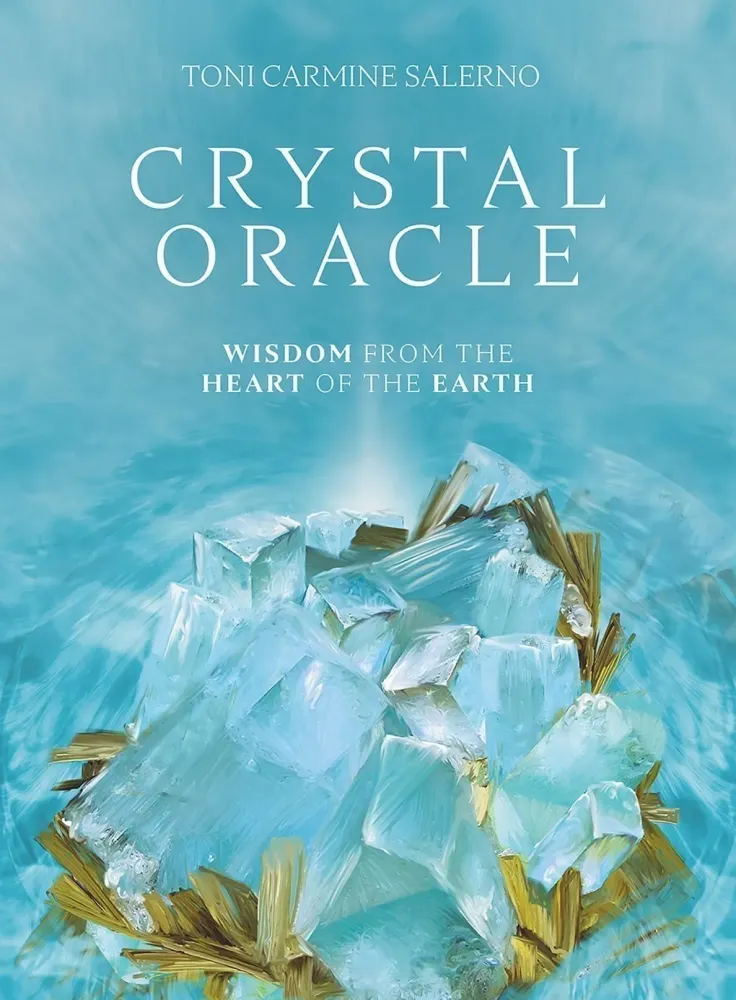 Cover of “Crystal Oracle” by Toni Carmine Salerno showing a luminous cluster of translucent blue crystals rising from swirling water, with soft light radiating upward against a serene turquoise background.