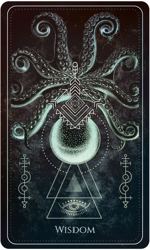 Card with octopus design, eye symbol, and 'Wisdom' text on a dark background